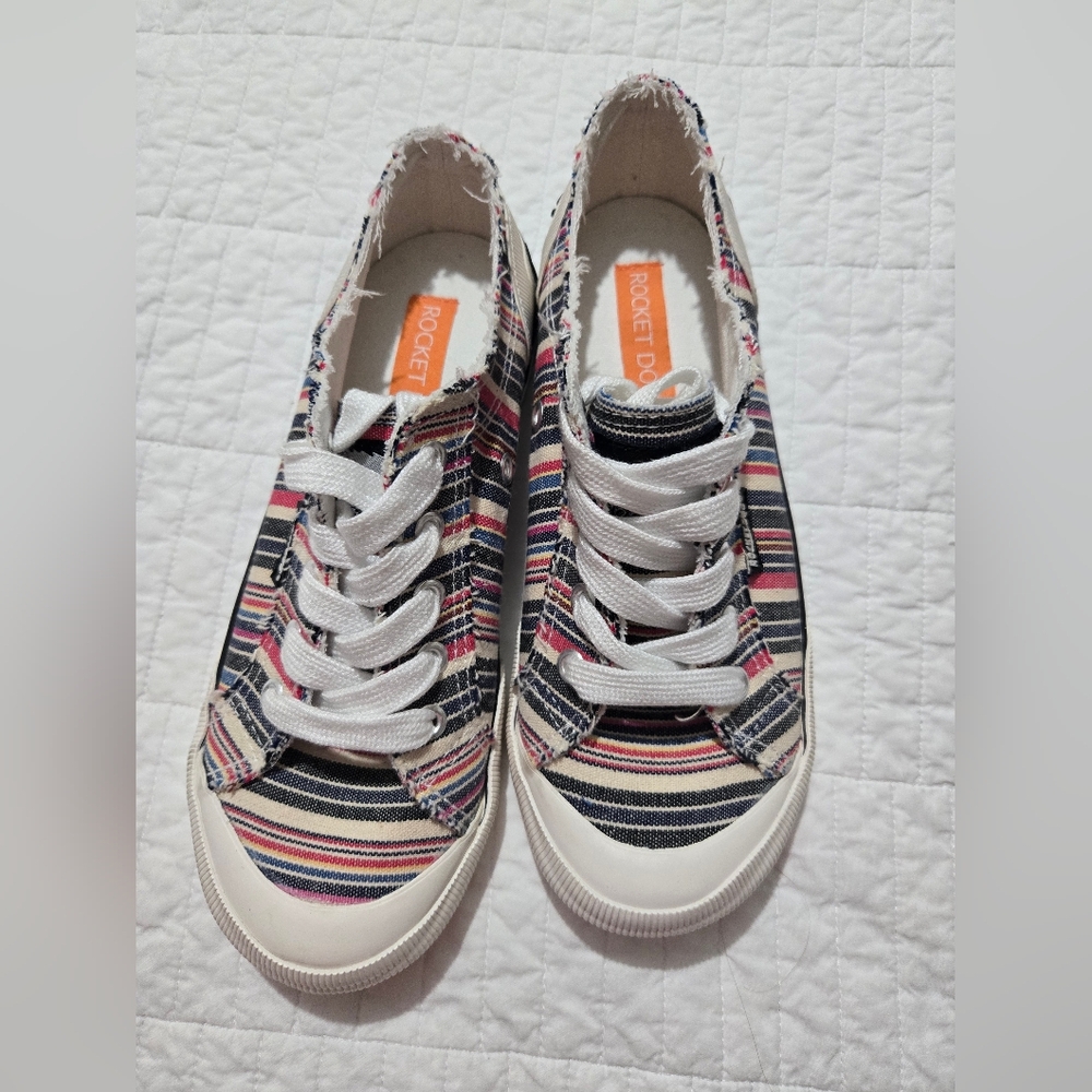 Rocket Dog Striped Canvas Lace-Up Sneakers - Navy, Pink, Cream